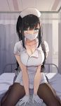  1girl bangs black_hair blue_eyes blush braid breasts cleavage commentary_request curtains eyebrows_visible_through_hair hat highres kaetzchen large_breasts looking_at_viewer mask nurse nurse_cap original pantyhose sitting sitting_on_person straddling twin_braids twintails unbuttoned unbuttoned_shirt 