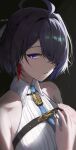  1girl absurdres ahoge atelier_(series) atelier_yumia bare_shoulders black_background black_hair breasts commentary_request hair_over_one_eye hand_on_own_chest highres jianjia looking_at_viewer medium_breasts mole mole_under_eye purple_eyes shirt short_hair simple_background sleeveless sleeveless_shirt solo upper_body white_shirt yumia_liessfeldt 