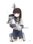  1girl 4me_4ma adapted_turret bangs black_hair blue_sailor_collar blue_skirt blunt_bangs brown_eyes cannon character_name collared_shirt commentary_request cowboy_shot hatsuyuki_(kantai_collection) headset highres hime_cut kantai_collection long_hair looking_to_the_side machinery neckerchief pleated_skirt sailor_collar school_uniform serafuku shirt simple_background skirt smokestack solo standing turret white_background 