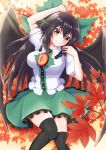  1girl absurdres arm_above_head bird_wings black_hair black_legwear black_wings blouse blush bow breasts commentary_request feet_out_of_frame green_bow green_skirt hair_between_eyes hair_bow head_tilt highres knees_together_feet_apart large_breasts leaf light_rays long_hair looking_at_viewer lying maple_leaf o1118 on_back puffy_short_sleeves puffy_sleeves red_eyes reiuji_utsuho short_sleeves skirt smile solo thighhighs touhou very_long_hair white_blouse wings zettai_ryouiki 