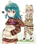  ! alternate_hairstyle animal_ears bare_shoulders blue_hair bow bowtie cat_ears cat_girl cat_tail commentary_request dress extra_ears eyebrows_visible_through_hair fang frilled_dress frills glasses gloves green_eyes hands_in_pockets high-waist_skirt highres hood hood_down hoodie kemono_friends long_hair long_sleeves margay_(kemono_friends) margay_print neck_ribbon open_mouth pleated_skirt print_gloves print_legwear print_neckwear print_skirt red_eyes red_neckwear ribbon skirt sleeveless snake_print squiggle suicchonsuisui tail thighhighs tsuchinoko_(kemono_friends) zettai_ryouiki 