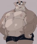  2020 anthro barazoku black_nose brown_body brown_fur bulge canid canine canis clothing domestic_dog dumdum fur hi_res kemono male mammal nipples simple_background solo underwear 