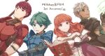 1girl 3boys alm_(fire_emblem) armor black_gloves blue_armor boey_(fire_emblem) book breastplate brown_eyes cape celica_(fire_emblem) choker circlet dark_skin dress earrings fingerless_gloves fire_emblem fire_emblem_echoes:_shadows_of_valentia gloves green_eyes green_hair highres holding holding_book holding_polearm holding_sword holding_weapon jewelry long_hair lukas_(fire_emblem) magic multiple_boys polearm prince princess red_armor red_eyes red_hair short_hair spear sword tarayuki tiara weapon white_armor white_dress white_hair 
