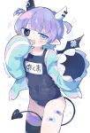  1girl bandaid bandaid_on_leg blue_jacket chestnut_mouth cotono_(nazekun) demon demon_girl demon_horns demon_tail demon_wings fang heterochromia highres horns jacket mismatched_irises name_tag one-piece_swimsuit open_clothes open_jacket original pointy_ears purple_hair school_swimsuit sleeves_past_fingers sleeves_past_wrists swimsuit tail two_side_up very_long_sleeves white_background wings 