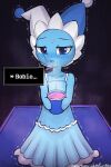2025 2:3 anthro beverage biped blue_body blue_clothing blue_dress blue_eyes blush blush_lines bodily_fluids clothed clothing deltarune dress elemental_creature english_text eyebrows female fool&#039;s_hat hat headgear headwear holding_beverage holding_object looking_at_viewer lumineko mizzle_(deltarune) open_mouth solo standing sweat text tremble_spikes undertale_(series) water water_creature