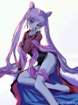  1girl aged_up ata129 backlighting bishoujo_senshi_sailor_moon bishoujo_senshi_sailor_moon_r black_dress black_lady_(sailor_moon) black_moon_clan black_nails breasts chibi_usa cone_hair_bun crescent crescent_facial_mark crystal_earrings dark_persona double_bun dress earrings facial_mark forehead_mark hair_bun highres jewelry long_hair looking_at_viewer makeup pink_hair red_eyes see-through_clothes side_slit simple_background solo twintails very_long_hair white_background 
