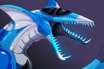 aircraft ambiguous_form ambiguous_gender blue_body ear_frill eyeless fangs frill_(anatomy) hybrid imperatorcaesar open_mouth sharp_teeth side_view simple_background solo species_request teeth vehicle white_body