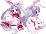  1girl animal_ears arms_up ass breasts bunny_ears bunny_girl bunny_tail cleavage commentary_request cream_(eto_ranger) highres juuni_senshi_bakuretsu_eto_ranger knees_up large_breasts leotard long_hair pale_skin pink_shirt playboy_bunny purple_hair red_eyes red_footwear red_leotard red_shirt red_skirt shirt shoes skirt solo tail thighs thong_leotard very_long_hair wrist_cuffs zankuro 