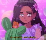  1990s_(style) 1girl animification black_hair brenni_murasaki brown_eyes brown_hair clip_studio_paint_(medium) commentary dark-skinned_female dark_skin dress earrings encanto flower hair_flower hair_ornament isabela_madrigal jewelry long_hair mole mole_under_eye purple_dress retro_artstyle simple_background smile solo spanish_text subtitled translation_request 