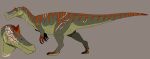 ambiguous_gender baryonyx blue_eyes dinosaur facial_scar feral green_body green_scales heterochromia hi_res imperatorcaesar markings mouth_closed open_mouth orange_markings prehistoric_species pupils red_markings reptile scales scalie scar side_view simple_background slit_pupils solo spinosaurid tail theropod yellow_eyes