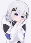  1girl absurdres black_shirt blue_eyes cevio closed_mouth coat grey_hair hair_ornament hand_on_own_cheek hand_on_own_face highres hood hood_down hooded_coat kafu_(cevio) light_blush medium_hair own_hands_together saka_(sa_ka) shirt simple_background sleeves_past_wrists solo turtleneck upper_body white_coat 