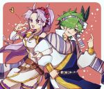  1boy 1girl :d antenna_hair belt blue_headscarf blue_robe blue_scarf border brown_belt collared_shirt cowboy_shot curtained_hair dress elbow_gloves feather_hair_ornament feathers fire_emblem fire_emblem:_genealogy_of_the_holy_war gloves gold_trim green_eyes green_hair grin hair_ornament hair_over_one_eye headscarf heart heart_in_mouth lewyn_(fire_emblem) light_blush locked_arms long_hair long_sleeves looking_at_viewer messy_hair neeeeeeega_2025 off-shoulder_dress off_shoulder one_eye_covered outside_border parted_bangs pink_background pointing pointing_up ponytail popped_collar puffy_long_sleeves puffy_sleeves purple_eyes purple_hair purple_thighhighs robe scarf shirt short_hair side_slit sidelocks smile striped_clothes striped_headwear striped_scarf tailtiu_(fire_emblem) thighhighs very_long_hair white_border white_dress white_gloves white_headscarf white_scarf white_shirt zettai_ryouiki 