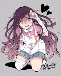  1girl apron bandaged_arm bandaged_leg bandages bangs character_name collared_shirt danganronpa drooling film_grain heart heart-shaped_pupils kneeling leaning_forward long_hair looking_at_viewer mole mole_under_eye nurse open_mouth pocket puffy_short_sleeves puffy_sleeves purple_eyes purple_hair saliva shirt short_sleeves skirt solo super_danganronpa_2 sweat symbol-shaped_pupils tomachi7727 tsumiki_mikan 