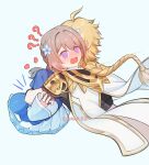  1boy 1girl ? ?? @_@ aether_(genshin_impact) ahoge aqua_background artist_name blonde_hair blue_dress blush braid braided_ponytail brown_hair brown_shirt commentary cropped_torso direidyth_(genshin_impact) dress egalo english_commentary flower flustered genshin_impact hair_flower hair_ornament heart hetero highres hug long_hair motion_lines open_mouth purple_eyes shirt simple_background single_braid wavy_mouth 