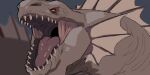 2:1 ambiguous_gender brown_body cheek_frill feral frill_(anatomy) glistening glistening_eyes imperatorcaesar looking_at_viewer mouth_shot neck_frill open_mouth pupils red_eyes sharp_teeth slit_pupils solo species_request tan_frill teeth
