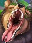 3:4 absurd_res ambiguous_form ambiguous_gender bear black_nose brown_body brown_fur dragon front_view fur glistening glistening_eyes grey_horn hi_res horn hybrid imperatorcaesar looking_at_viewer mammal mouth_shot mythological_creature mythological_scalie mythology open_mouth orange_sclera scalie sharp_teeth solo tan_body tan_fur teeth yellow_eyes