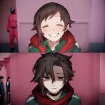  1girl artist_name before_and_after brown_hair closed_eyes green_track_suit grey_eyes highres hiru315 meme partially_shaded_face red_scarf ruby_rose rwby scarf short_hair smile solo track_suit twitter_username year_1_&amp;_year_2_(squid_game)_(meme) 