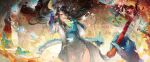  1girl absurdres arknights black_hair china_dress chinese_clothes colored_extremities colored_skin daylightallure dragon_girl dragon_horns dragon_tail dress dusk_(arknights) dusk_(everything_is_a_miracle)_(arknights) earrings eastern_dragon_tail gradient_skin green_hands green_horns green_skin highres horns jewelry pointy_ears red_eyes solo tail tassel tassel_earrings 