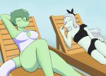 2025 anthro baryonyx beach_chair bent_leg big_breasts big_daddy_(artist) bikini biped black_bikini black_clothing black_swimwear blue_background blue_body blue_scales bone_frill breasts cavemanon_studios cleavage_cutout clothed clothed_anthro clothed_female clothing colored cutout dinosaur duo elbow_feathers eyes_closed fang_(gvh) feathered_wings feathers female fingers freckled_legs freckled_thighs freckles frill_(anatomy) furgonomics goodbye_volcano_high green_body green_hair green_scales grey_body grey_feathers grey_hair hair hand_behind_head happy hi_res humanoid_hands i_wani_hug_that_gator long_hair lying markings midriff navel non-mammal_breasts olivia_halford on_back one-piece_swimsuit outside prehistoric_species pterodactylus pterosaur reptile resting scales scalie short_hair simple_background small_breasts smile spinosaurid striped_markings stripes swimwear tail tail_clothing theropod thick_thighs two-piece_swimsuit white_clothing white_swimwear wings