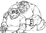  &lt;3 2020 anthro belly blush chernobog clothing duo exe_exem eyewear glasses humanoid_hands kemono male male/male mammal monochrome overweight overweight_male shirt sketch tokyo_afterschool_summoners topwear ursid video_games volos 