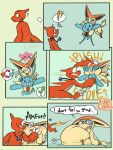 abdominal_bulge ambiguous_gender antennae_(anatomy) berri_(some_nerd) bodily_fluids butt_wings carrying_another charmeleon check_mark cheek_bulge chili_(some_nerd) comic dialogue eclairscollection female_(lore) fire flaming_tail fleeing force_feeding forced generation_1_pokemon generation_4_pokemon generation_5_pokemon glowing glowing_antennae grin group head_in_mouth heart_symbol hi_res jewelry legendary_pokemon male_(lore) manaphy necklace nintendo nonbinary_(lore) oral_vore panicking pokemon pokemon_(species) question_mark reptile scalie smile soft_vore sound_effects speech_bubble spiral_eyes sweat sweatdrop tail tart_(some_nerd) tears tremble_spikes trio unusual_wing_placement unwilling_pred victini vore wide_eyed willing_prey wings