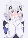  1girl absurdres blue_eyes blush cevio closed_mouth coat flying_sweatdrops full-face_blush grey_hair hair_ornament hands_on_own_cheeks hands_on_own_face hands_up highres hood hood_down hooded_coat kafu_(cevio) looking_at_viewer nerv nervous_sweating saka_(sa_ka) short_hair sidelocks sleeves_past_wrists solo sweat upper_body white_coat 