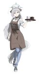  1girl absurdres alternate_costume alternate_hairstyle animal_ear_fluff animal_ears apron black_choker black_shoes blue_archive blue_eyes breasts brown_apron brown_ribbon chojja choker denim extra_ears grey_hair hair_between_eyes hair_ribbon halo highres holding holding_tray jeans large_breasts long_hair looking_at_viewer pants ponytail ribbon shiroko_(blue_archive) shiroko_terror_(blue_archive) shirt shoes sidelocks sleeves_rolled_up solo tray white_shirt wolf_ears wolf_girl 