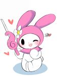 2022 32up 3:4 anthro black_eyes black_text blush clothing digital_drawing_(artwork) digital_media_(artwork) featureless_feet featureless_hands feet female female_anthro flower flower_accessory fur happy headgear headwear heart_after_text heart_symbol hi_res holding_object holding_wand korean_text lagomorph leporid mammal melody_takt my_melody one_eye_closed onegai_my_melody open_mouth open_smile pink_blush pink_clothing pink_headgear pink_headwear pink_heart pink_hood plant rabbit round_tail sanrio shaded shadow short_tail simple_shading sitting small_nose smile solo tail text wand white_body white_flower white_fur white_tail yellow_nose