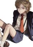  1boy absurdres aged_down belt black_belt blonde_hair blue_jacket blue_shorts brown_shoes child dio_brando dress_shirt frown hair_behind_ear hair_between_eyes highres jacket jewangchobab jojo_no_kimyou_na_bouken looking_at_viewer male_focus necktie phantom_blood red_eyes red_necktie shirt shoes short_hair shorts sketch socks solo suspenders white_shirt white_socks 