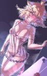  1girl absurdres babydoll bite_mark blush breasts cleavage collar collarbone condom condom_packet_strip condom_wrapper dokibird_(vtuber) female_pubic_hair frilled_babydoll highres indie_virtual_youtuber lipstick_mark looking_at_viewer navel panties pink_babydoll pubic_hair pussy_juice see-through_babydoll see-through_clothes solo sweat twitching underwear virtual_youtuber waieeeee 