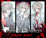  1boy blood blood_on_clothes blood_on_face blood_on_hands blood_splatter bound bound_wrists business_suit crazy_smile cuffs death dying empty_eyes english_text evil_grin evil_smile grey_eyes grey_hair grey_sleeves grin hair_between_eyes handcuffs holding holding_knife holding_weapon injury jacket kamika knife lineart long_sleeves looking_at_viewer looking_to_the_side male_focus messy_hair multiple_views necktie nervous open_collar original pain parted_bangs scared shirt short_hair simple_background sketch smile smirk suit sweat triptych_(art) weapon white_background white_shirt wince 
