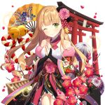 1girl blonde_hair blunt_bangs box closed_mouth detached_sleeves donation_box flower folding_fan green_eyes hand_fan japanese_clothes lina_princella long_hair off_shoulder one_eye_closed salt_(salty) torii uchi_no_hime-sama_ga_ichiban_kawaii very_long_hair 