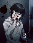  1boy 779762391_(lofter) ahoge androgynous bags_under_eyes black_hair blood blood_from_mouth blood_on_clothes blood_on_hands blood_on_wall blue_eyes blush chinese_commentary colored_skin commentary_request creepypasta crying crying_with_eyes_open dark_background double-parted_bangs drawstring fingernails glasgow_smile glowing glowing_eyes grey_hoodie grin hair_behind_ear hair_between_eyes hand_on_own_cheek hand_on_own_face hand_up highres holding_razor_blade hood hood_down hoodie indoors jeff_the_killer long_sleeves looking_to_the_side male_focus medium_hair nose_blush puffy_long_sleeves puffy_sleeves razor_blade smile tears upper_body white_skin wide-eyed 