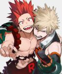  2boys abs absurdres arm_around_shoulder arm_up bakugou_katsuki bare_shoulders blonde_hair boku_no_hero_academia cheek-to-cheek cowboy_shot depisx detached_sleeves fingernails gloves hair_between_eyes heads_together highres kirishima_eijiro looking_at_viewer male_focus multicolored_gloves multiple_boys navel open_mouth pants parted_bangs pectorals red_eyes red_hair sanpaku sharp_teeth simple_background teeth tongue topless_male white_background 
