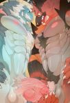  2boys abs artist_name bara bare_pectorals beard biceps black_fur blue_fur chest_fur english_commentary erection facial_hair fangs foreskin furry furry_male grin hand_on_own_penis highres howltheartist incineroar looking_at_another looking_at_penis looking_down male_focus multicolored_fur multiple_boys muscular muscular_male mustache navel nipples open_mouth pectorals penis pokemon pokemon_(creature) precum red_fur samurott smile surprised testicles veins veiny_penis yaoi 