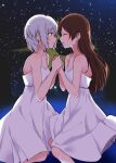  2girls anastasia_(idolmaster) bare_arms blue_eyes closed_eyes commentary_request dress earrings from_side highres holding_hands idolmaster idolmaster_cinderella_girls jewelry looking_at_another multiple_girls night nitta_minami open_mouth parted_lips profile rankaku short_hair sky sleeveless sleeveless_dress star_(sky) starry_sky stud_earrings white_dress white_hair yuri 