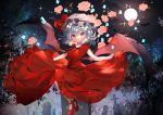  1girl alternate_costume bat bat_wings black_ribbon blue_hair closed_mouth cloud commentary_request dress flower full_body full_moon graveyard hat lifted_by_self looking_at_viewer mary_janes mob_cap moon night night_sky omodaka_romu pink_flower red_dress red_eyes red_footwear remilia_scarlet ribbon rose shoes short_hair skirt skirt_lift sky smile solo sparkle symbol_commentary tombstone touhou white_headwear wings 