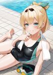  1girl barefoot blonde_hair blue_eyes blush breasts casino_(casinoep) cleavage clothes_writing commentary_request competition_swimsuit covered_navel double-parted_bangs feet goggles hair_between_eyes hair_ornament hairband highres hololive kazama_iroha long_hair looking_at_viewer medium_breasts one-piece_swimsuit parted_lips ponytail pool poolside sitting smile soles solo swim_goggles swimsuit thighs toes towel towel_around_neck twitter_username two-tone_one-piece_swimsuit virtual_youtuber water wet yokozuwari 