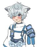 1boy animal_ears blue_eyes blue_rope blush fang fubuki_(rune_factory) grey_hair highres japanese_clothes looking_to_the_side open_mouth rope rune_factory rune_factory:_guardians_of_azuma shirt simple_background upper_body white_background white_shirt wolf_boy wolf_ears yabai_yo_~o 
