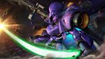  absurdres asteroid asymmetrical_dual_wielding battle beam_rifle cable company_name copyright_notice debris derivative_work dual_wielding duel dust_cloud energy_beam energy_gun energy_sword gundam gundam_battle_operation_2 gundam_u.c._engage highres holding holding_sword holding_weapon kampfer_(mobile_suit) kampfer_high_mobility_type machinery mecha mecha_focus mobile_suit no_humans official_art one-eyed painting_(medium) radio_antenna realistic robot scan science_fiction scope solo space sunrise_(company) sword tenjin_hidetaka thrusters traditional_media weapon zeon 