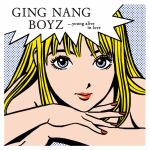 1girl album_cover arm_rest blonde_hair blue_background blue_eyes border cover eguchi_hisashi english_text gingnangboyz group_name head_on_hand head_rest long_hair looking_at_viewer nude official_art portrait red_lips red_nails screentones second-party_source solo white_border 