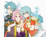  1girl 2boys antenna_hair armor aura black_cape blue_eyes blue_hair blush breastplate brother_and_sister brown_gloves cape circlet cloak closed_mouth cowboy_shot crossed_arms curtained_hair double-parted_bangs eirika_(emblem)_(fire_emblem) eirika_(fire_emblem) ephraim_(emblem)_(fire_emblem) ephraim_(fire_emblem) fingerless_gloves fire_emblem fire_emblem:_the_sacred_stones fire_emblem_engage frown gloves gold_circlet gold_ring gold_trim hair_between_eyes half-closed_eyes high_collar holding_hands implied_hetero long_hair long_sleeves looking_at_viewer looking_to_the_side miniskirt multiple_boys neeeeeeega_2025 parted_bangs pauldrons purple_cloak purple_eyes purple_hair purple_robe red_cape red_gloves red_shirt robe shirt short_hair short_sleeves shoulder_armor siblings sidelocks skirt sweat sweatdrop turtleneck turtleneck_shirt twins two-sided_cape two-sided_fabric white_armor white_background white_skirt yellow_armor yellow_cape 