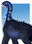 ambiguous_gender back_spikes blue_body dinosaur feral gradient_background hi_res imperatorcaesar long_neck looking_at_viewer open_mouth prehistoric_species reptile sauropod sauropodomorph scalie side_view simple_background solo spikes spikes_(anatomy) yellow_eyes