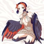  1girl absurdres animal_ears aran_sweater backless_dress backless_outfit backwards_virgin_killer_sweater bird_ears bird_legs bird_tail black_eyes black_feathers black_hair black_wings blue_hair breasts cable_knit covered_navel covered_nipples dress ev_v1l feathered_wings feathers gradient_hair grey_sweater highres long_hair looking_at_viewer medium_breasts meme_attire multicolored_hair naked_sweater original red_feathers red_hair red_wings ribbed_sweater sitting sleeveless sleeveless_sweater solo sweater sweater_dress tail talons turtleneck turtleneck_sweater very_long_hair virgin_killer_sweater wariza white_background winged_arms wings 
