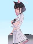  1girl absurdres animal_ears animal_print black_choker black_hair blue_archive bracelet cat_ears cat_girl cat_print chojja choker colored_inner_animal_ears colored_inner_hair ear_piercing extra_ears highres jewelry kazusa_(band)_(blue_archive) kazusa_(blue_archive) multicolored_hair multiple_bracelets official_alternate_costume open_mouth piercing pink_hair pleated_skirt pulling_own_clothes shirt short_sleeves skirt solo sweat t-shirt two-tone_hair white_shirt white_skirt 