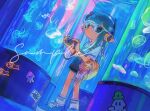 1girl animal_bag aqua_eyes aqua_hair aquarium black_shorts blue_shirt blue_shoes blunt_bangs camera closed_mouth commentary expressionless foot_out_of_frame glasses gradient_clothes gradient_shirt headphones highres holding holding_camera inkling inkling_girl inkling_player_character jellyfish long_hair miko_(15476997) nautilus_(animal) pointy_ears sample_watermark shirt shoes short_sleeves shorts sneakers socks solo splatoon_(series) standing symbol-only_commentary t-shirt tentacle_hair two-tone_shirt watermark white-framed_eyewear white_shirt white_socks 