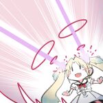  1girl :d blonde_hair blue_hair blush_stickers commentary dress fang firing flower gradient_hair hair_flower hair_ornament hasu_no_sora_school_uniform laser link!_like!_love_live! love_live! multicolored_hair navyblue_konjac neckerchief open_mouth osawa_rurino pink_background pink_flower puffy_short_sleeves puffy_sleeves red_neckerchief sailor_collar sailor_dress school_uniform short_sleeves simple_background smile solo standing summer_uniform twintails virtual_youtuber white_dress white_sailor_collar |_| 