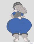  anthro barefoot big_butt bottomwear bowler_hat breasts buckteeth butt butt_focus clothed clothing disney english_text female fur grey_body grey_fur hands_on_hips hat headgear headwear hi_res huge_butt hyper hyper_butt hyper_hips judy_hopps lagomorph leggings legwear leporid looking_forward mammal multicolored_body multicolored_fur open_mouth purple_eyes rabbit rear_view shirt short_stack signature simple_background solo standing teeth text thick_thighs tight_bottomwear tight_clothing topwear two_tone_body two_tone_fur xero zootopia 