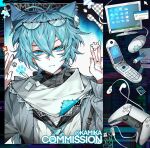  1boy abstract_background ahoge animal_ears artist_name blue_eyes cat_ears cellphone character_chart chromatic_aberration collage collar commission computer computer_mouse controller detached_eyes detached_sleeves ear_piercing earbuds earphones eyewear_on_head fangs flip_phone frilled_collar frills game_controller glitch glowing glowing_eyes grey_jacket hair_over_one_eye holding ice_background jacket kamika long_sleeves looking_at_viewer male_focus messy_hair open_clothes open_jacket original paw_print phone piercing portrait puzzle_piece reference_sheet retro_artstyle scanlines short_hair simple_background slit_pupils smirk smug solo_focus straight-on tachi-e turtleneck upper_body v vaporwave watermark 