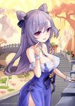  1girl :d bangs bare_shoulders bow breasts bridge cleavage commentary dress english_commentary eyebrows_visible_through_hair genshin_impact hair_between_eyes hair_bow hair_ornament hand_up highres hm_(hmongt) keqing long_hair medium_breasts open_mouth outdoors purple_bow purple_dress purple_eyes purple_hair smile solo stairs standing stone_stairs strapless strapless_dress tree twitter_username very_long_hair 